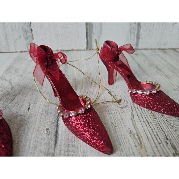 Red sparkle glitter high heel stiletto shoe ornament Xmas tree beaded - Picture 1 of 7